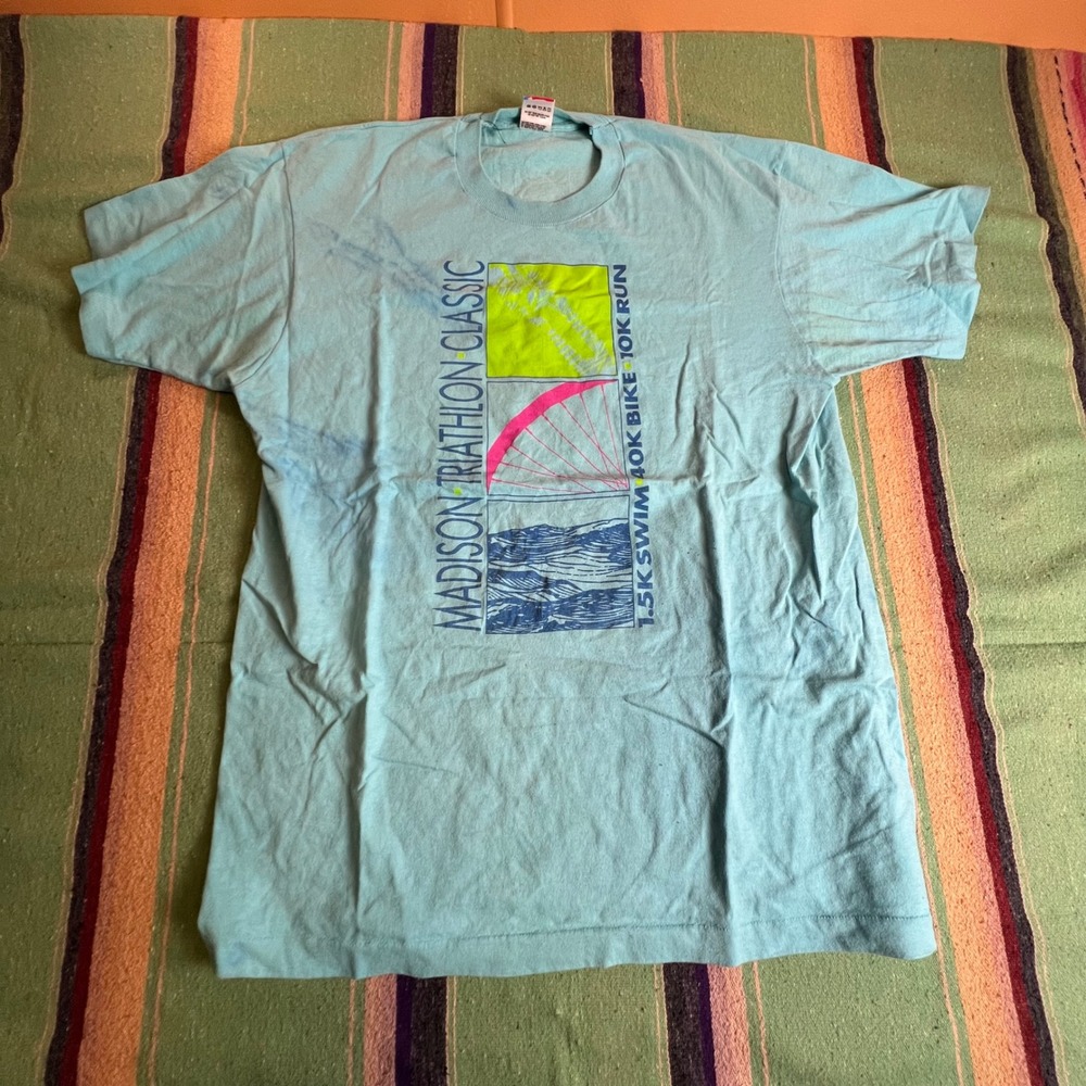 Vintage 1990s Fruit of the Loom T-Shirt Mens XL Blue Madison Triathlon Classic